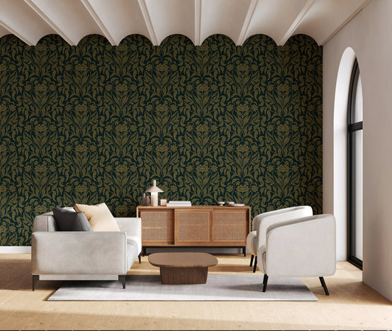 Green botanical damask wallpaper in a living room with cream sofas and a wood sideboard GD12509