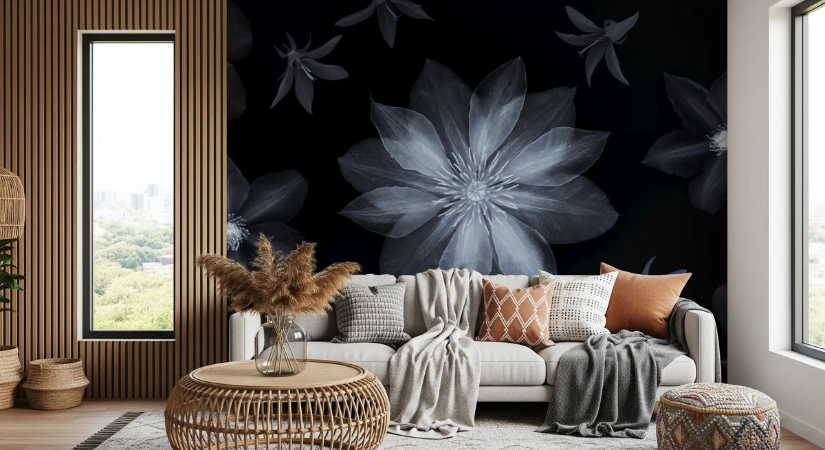 Ethereal night flora wall mural behind a white sofa with rust cushions in a living room GD12627