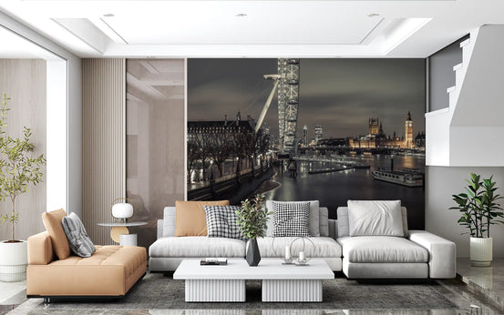 Thames twilight cityscape wall mural behind a tan and white sofa in a living room GD12628