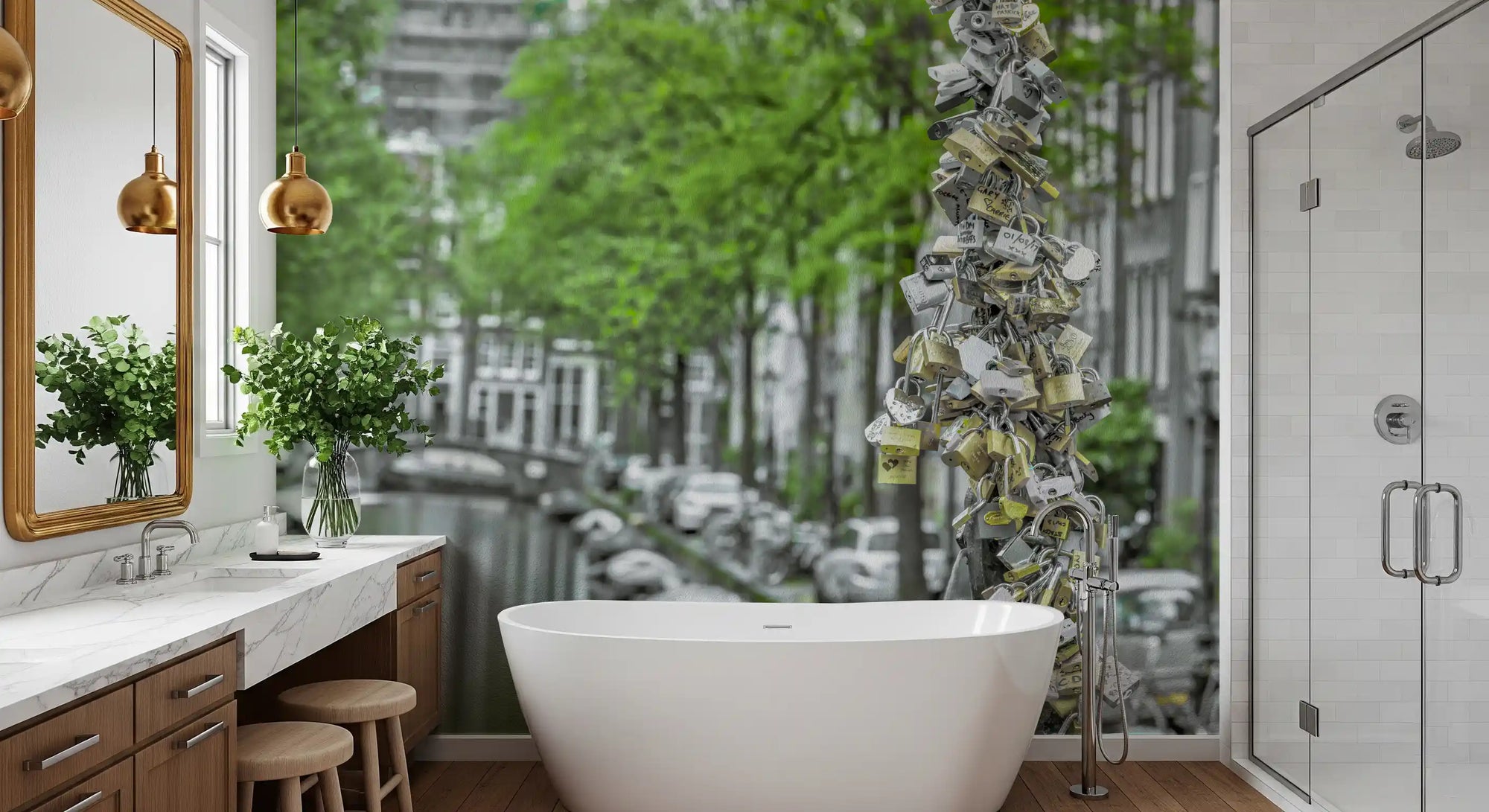 Romantic bridge padlocks wall mural in a bright bathroom with freestanding tub and gold mirror GD12633