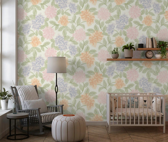 Botanical sketch wallpaper behind a wood crib and plant shelf in a nursery GD12641