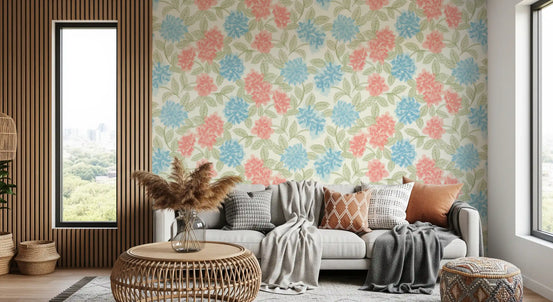 Botanical floral wallpaper framing a grey sofa by a wood window GD12642