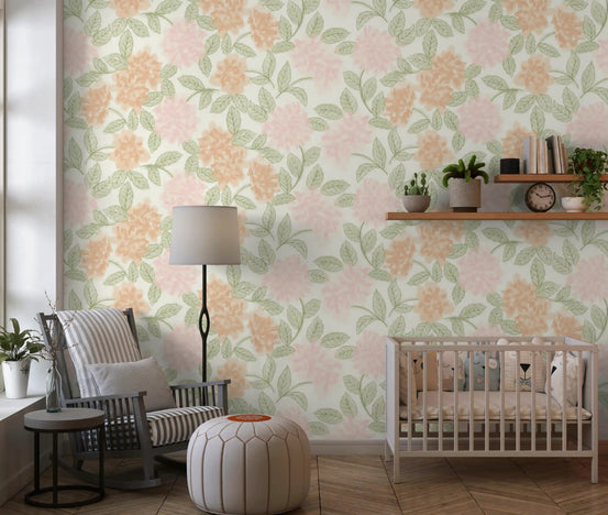 Peony wallpaper behind a wood crib and plant shelf in a serene nursery GD12643