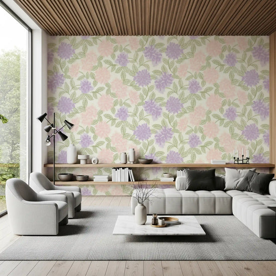 Watercolor hydrangea garden wallpaper in a modern living room with a grey sectional GD12645