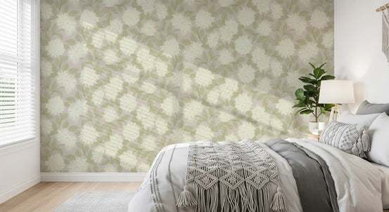 Cream leaf motif wallpaper in a bedroom with grey linens and a wood slat wall GD12647