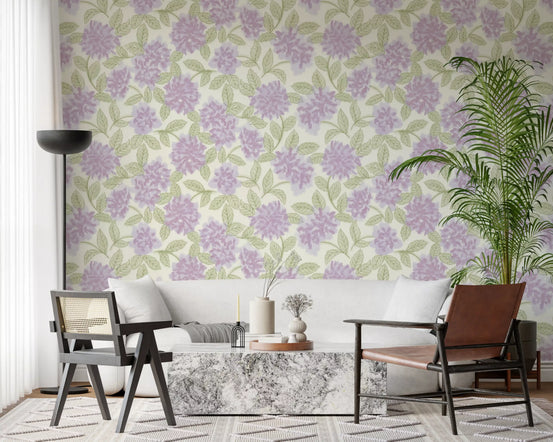 Lavender bloom botanical wallpaper behind a cream sofa and marble coffee table GD12648
