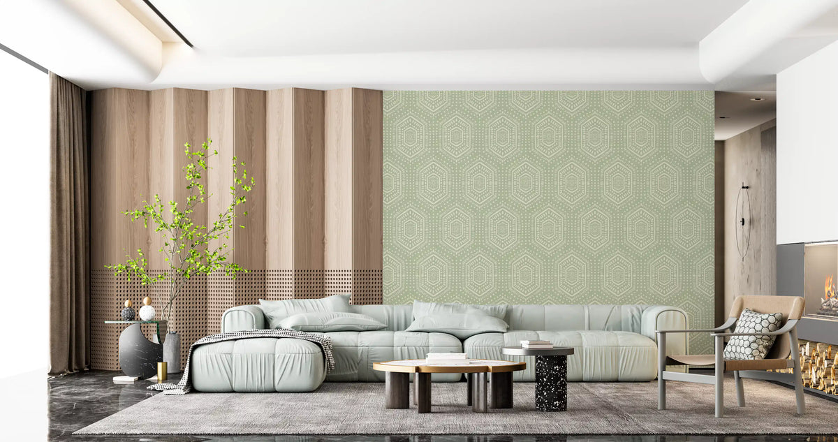 Sage green boho hexagon mudcloth wallpaper behind a mint modular sofa and wood slat accent wall GD12651