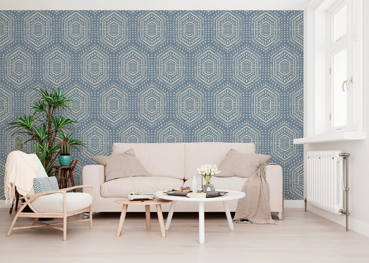 Boho Painted - Abstract Mudcloth Hexagons Tribal Geometric Pattern Jeans Jacket Blue Wallpaper⁠