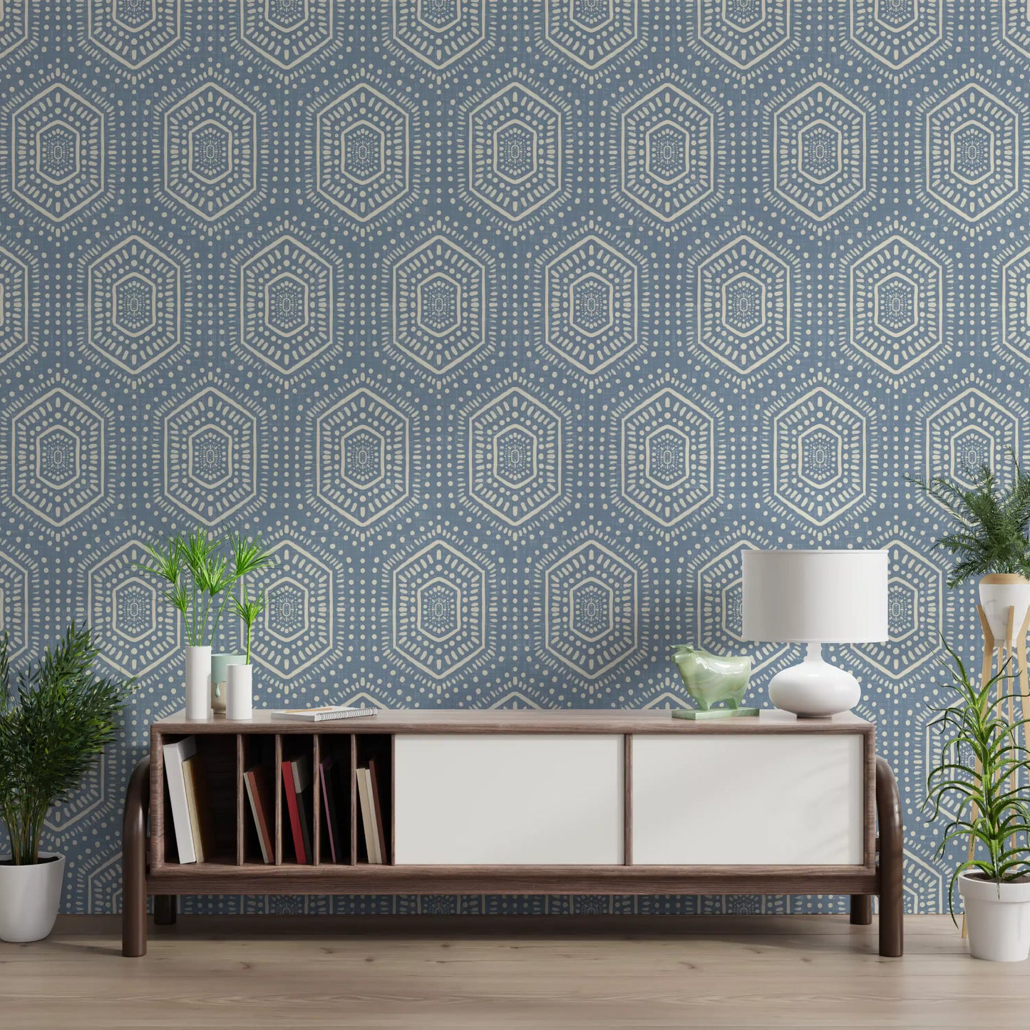 Boho Painted - Abstract Mudcloth Hexagons Tribal Geometric Pattern Jeans Jacket Blue Wallpaper⁠
