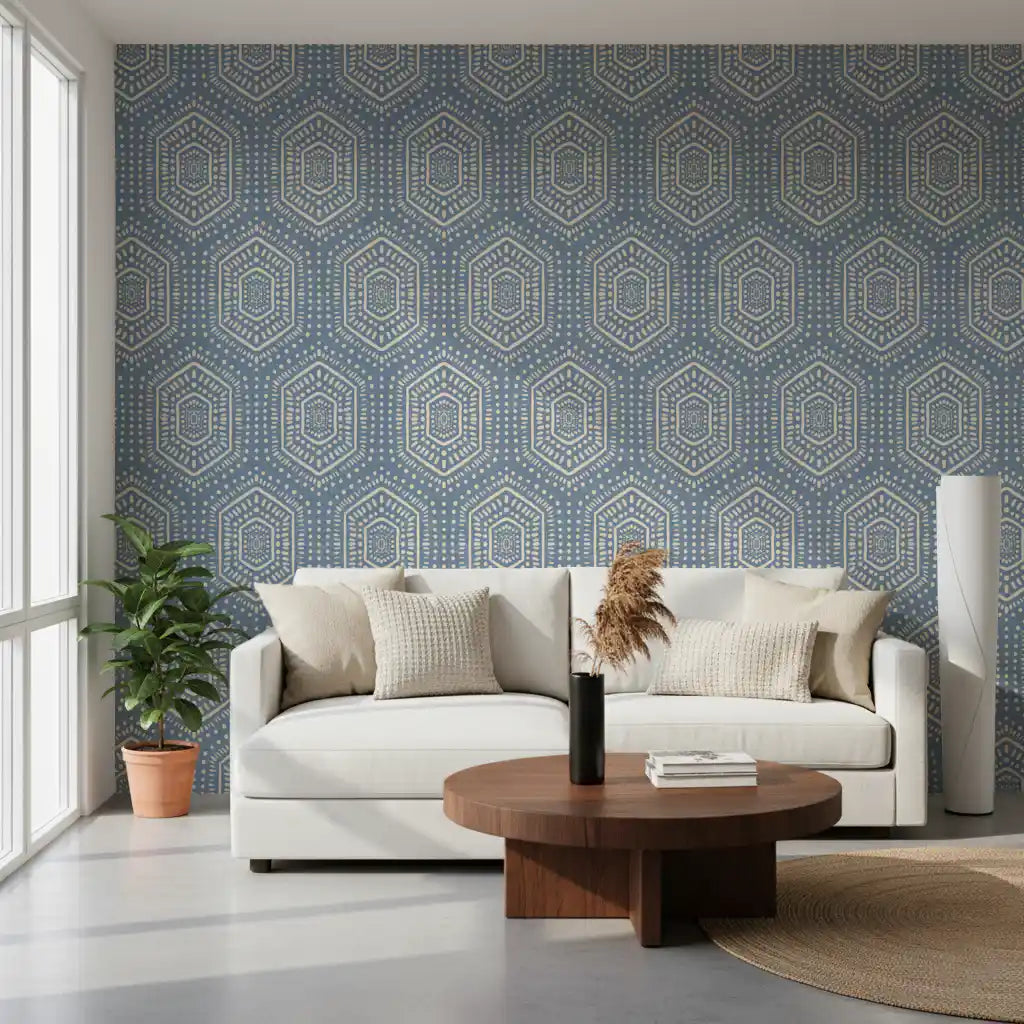 Blue boho hexagon mudcloth wallpaper behind a cream sofa and round wood coffee table GD12652