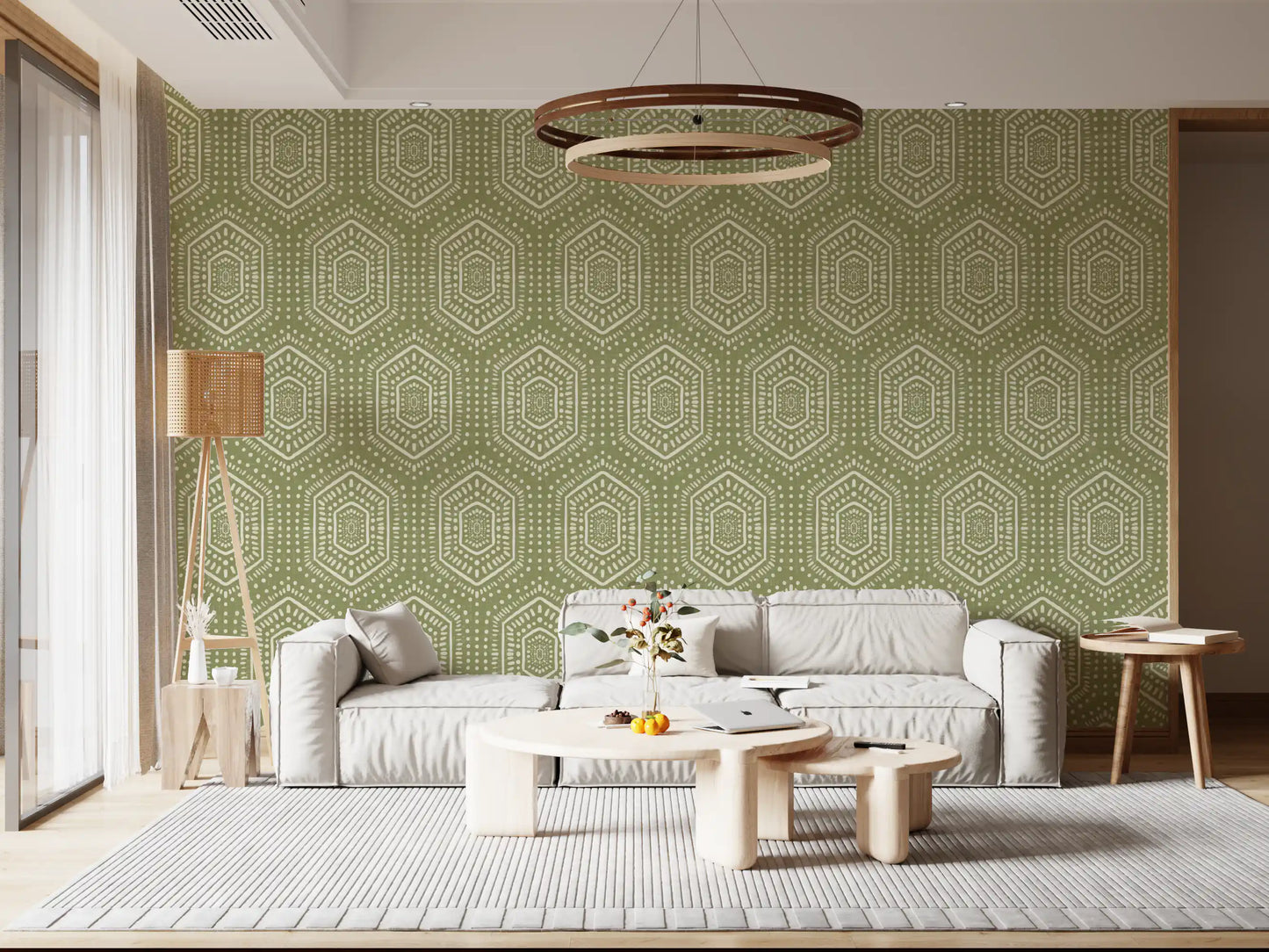 Boho Painted - Abstract Mudcloth Hexagons Tribal Geometric Pattern Meadow Green Wallpaper⁠