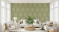 Boho Painted - Abstract Mudcloth Hexagons Tribal Geometric Pattern Meadow Green Wallpaper⁠