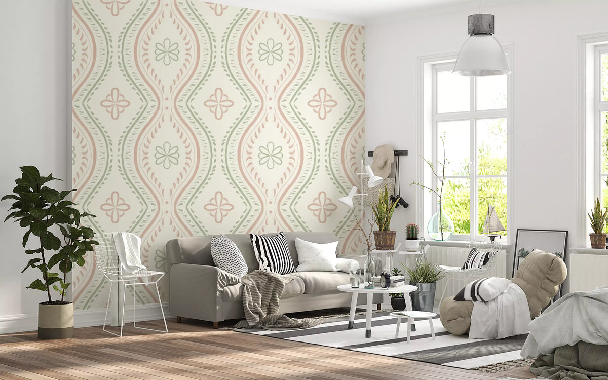 Grandmillennial damask wallpaper behind a grey sofa in a bright living room GD12662