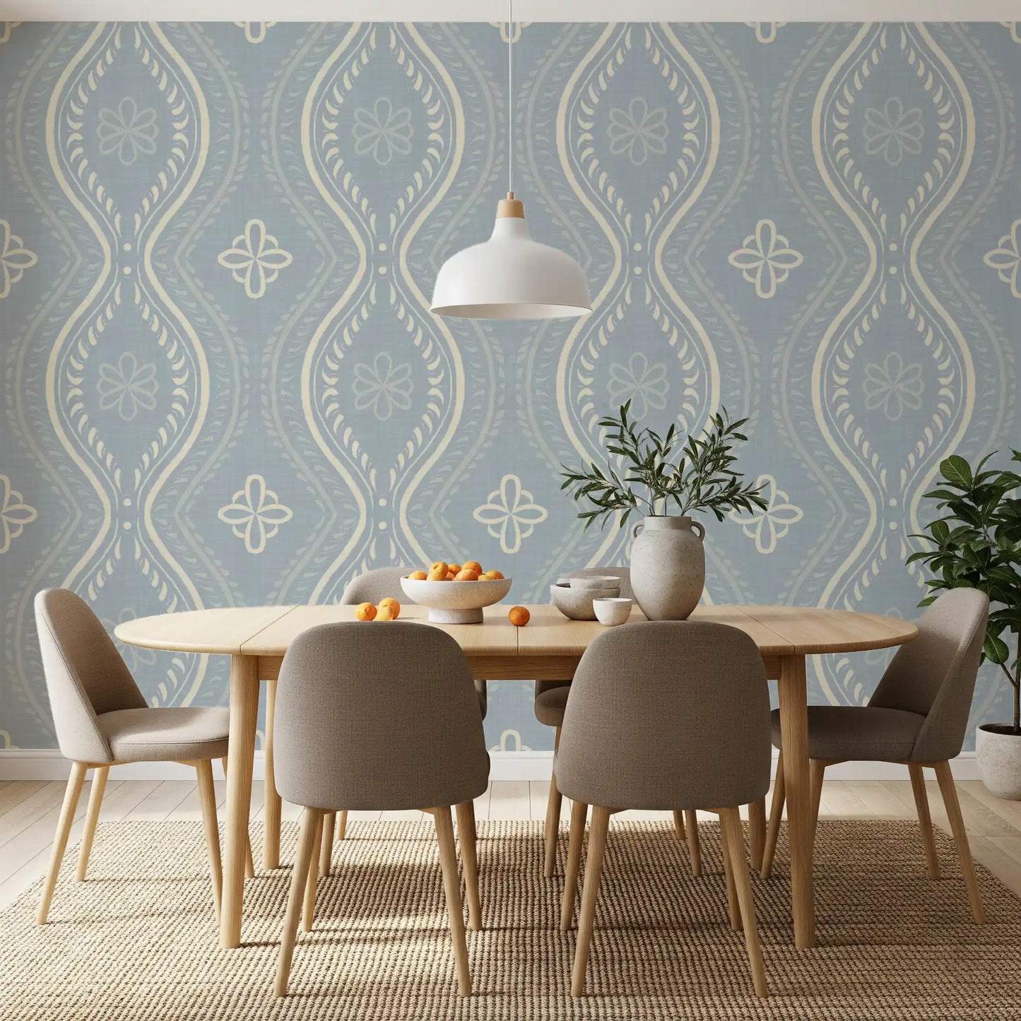 Faded Ogee Damask - French Country Blue Wallpaper⁠