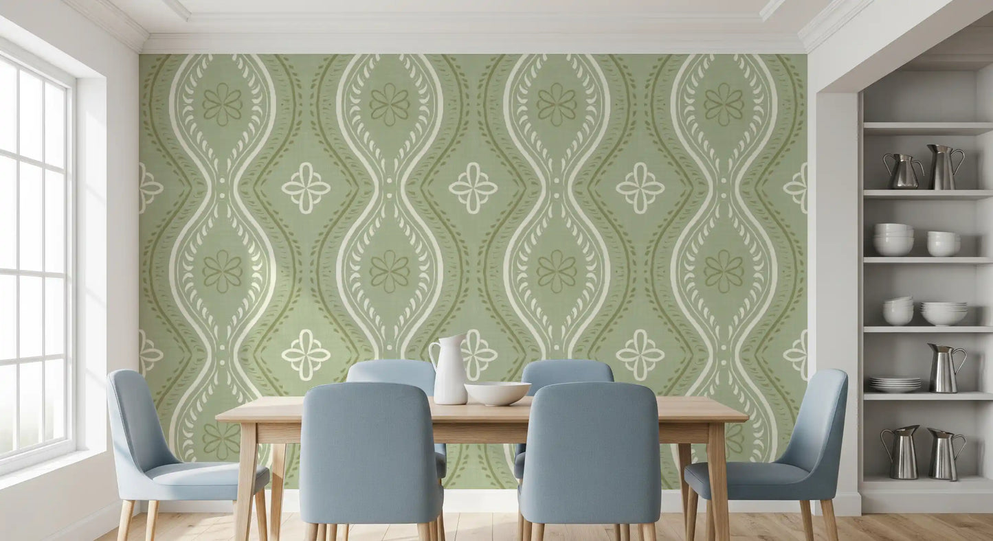 Faded Ogee Damask - Grandmillennial Green Wallpaper⁠