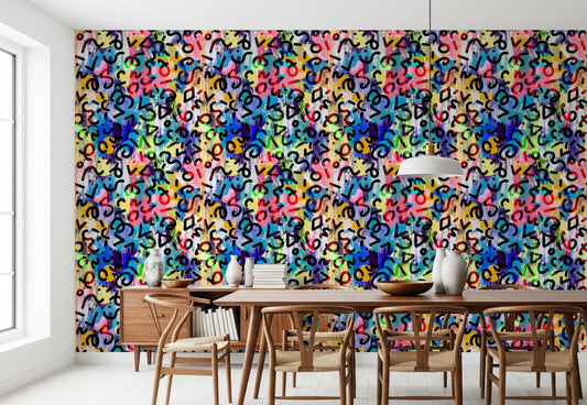 Vibrant abstract brushstroke wallpaper in a dining room with a wood table and chairs GD12668