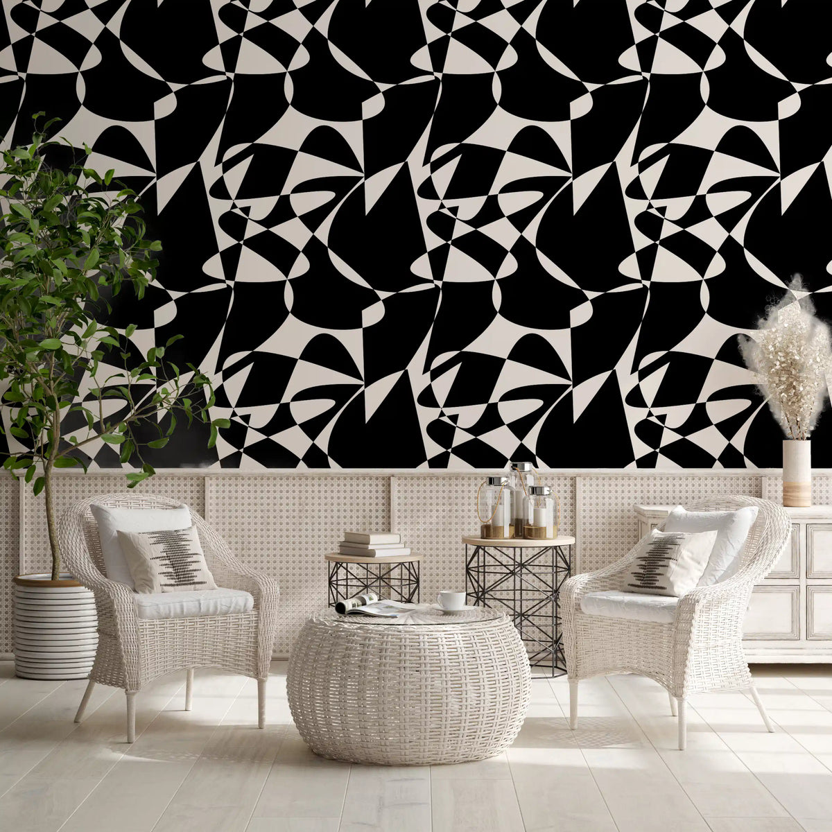 Modern minimalist flow art wallpaper behind white wicker armchairs and a rattan ottoman GD12670