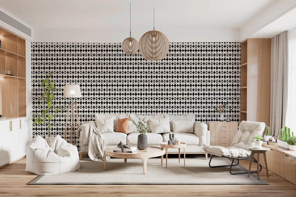 Minimalist diamond grid wallpaper behind a cream sofa in a warm wood-accented lounge GD12672