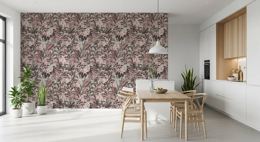 Dusty rose floral wallpaper in a kitchen diner with a wooden table and pendant light GD12673