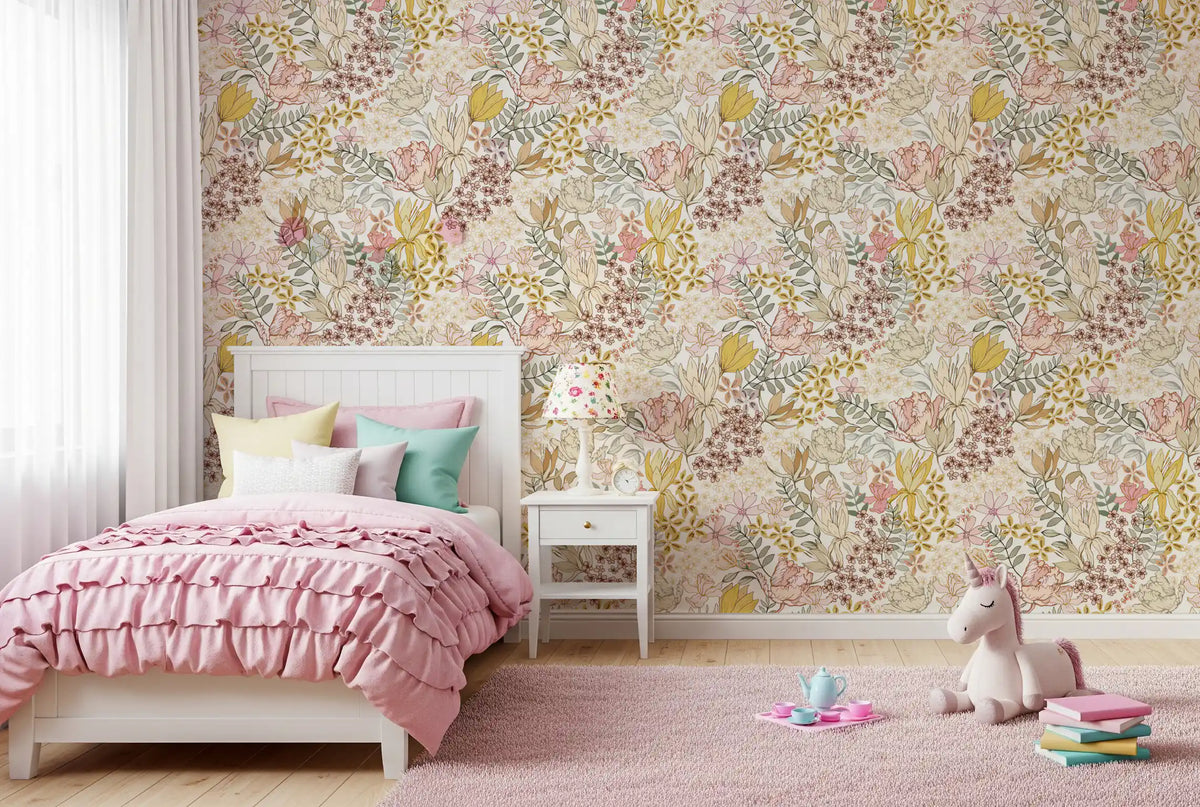 Rustic garden line art wallpaper in a girls bedroom with pink ruffle bedding and unicorn toy GD12679