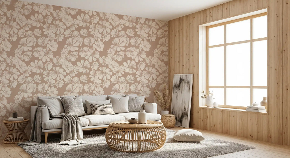 Creamy botanical floral wallpaper behind a white sofa with wood panelling in a living room GD12684