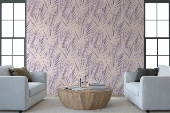 Abstract lavender fern wallpaper behind two pale blue armchairs in a bright living room GD12685