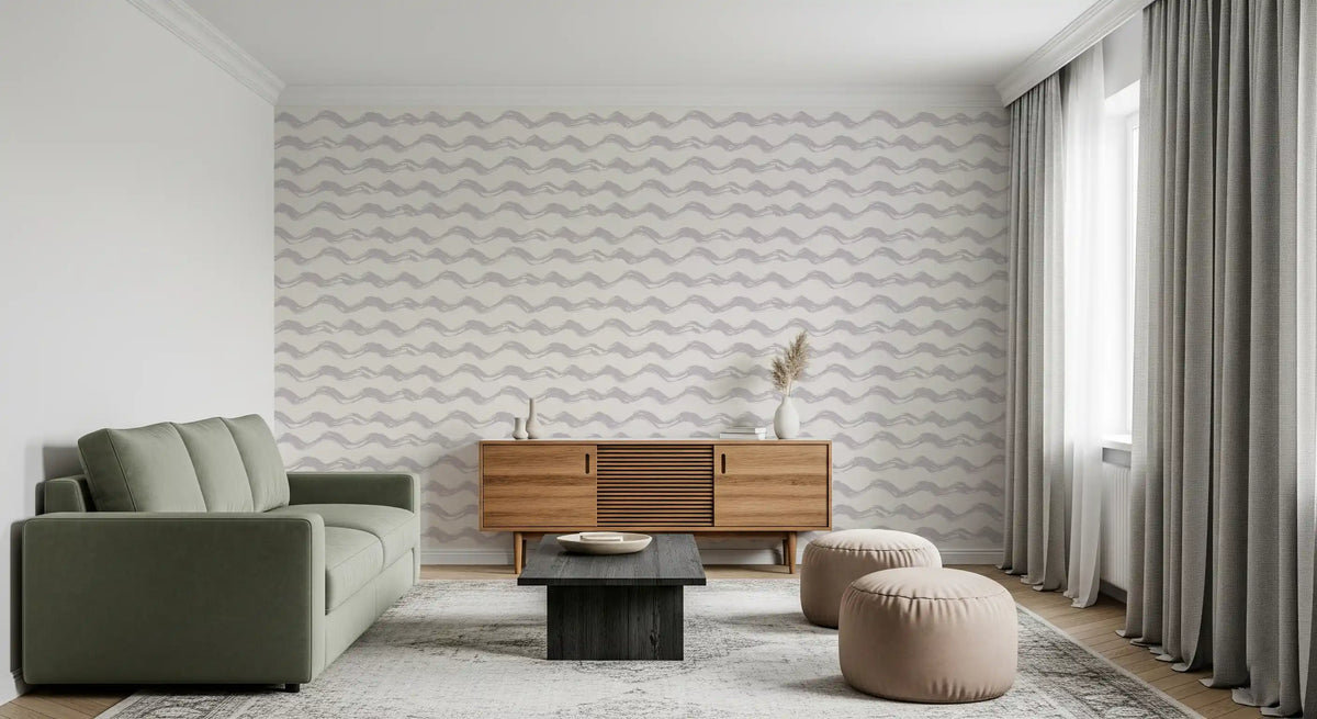 Watercolor wave wallpaper in a living room with a green sofa and wood sideboard GD12690