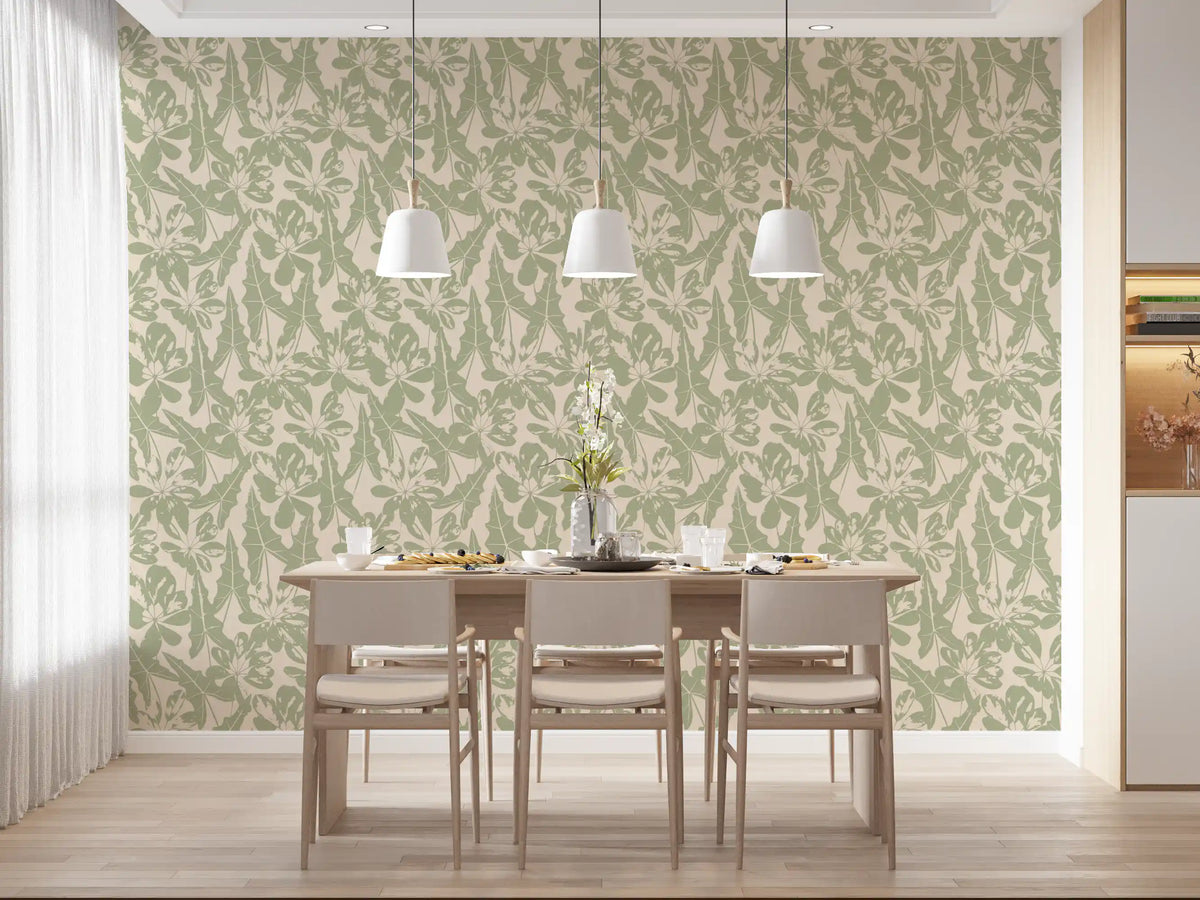 Tropical foliage wallpaper in a dining room with a wood table and twin pendants GD12691