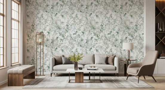 Forest vine wallpaper in a living room with a grey sofa and floor lamp GD12692