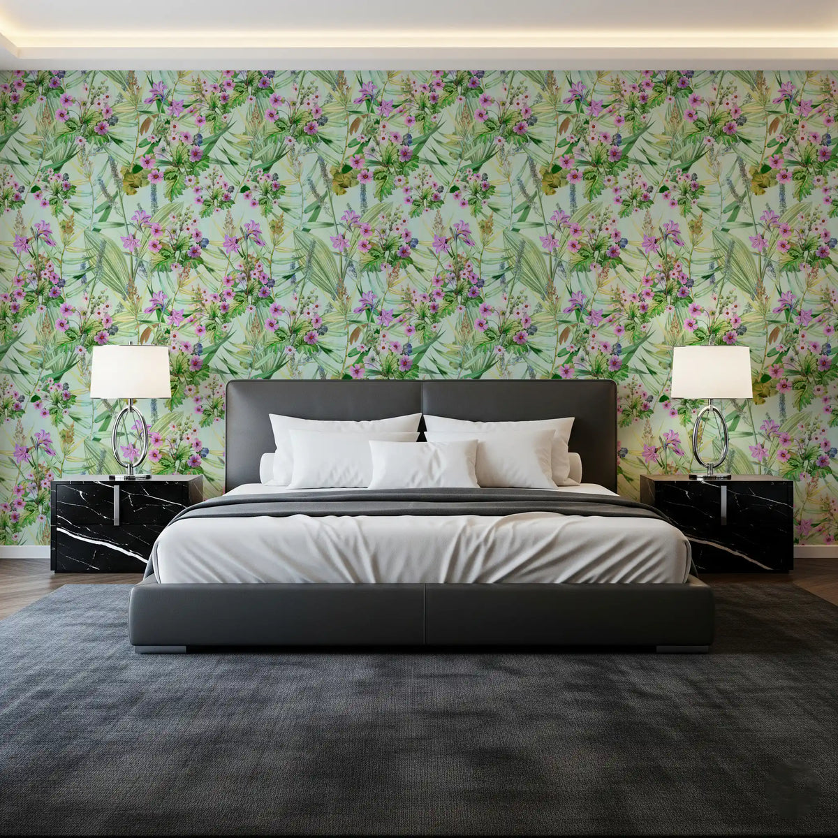 Lilac leaf garden pattern wallpaper behind a charcoal grey bed in a dark-floored bedroom GD12693