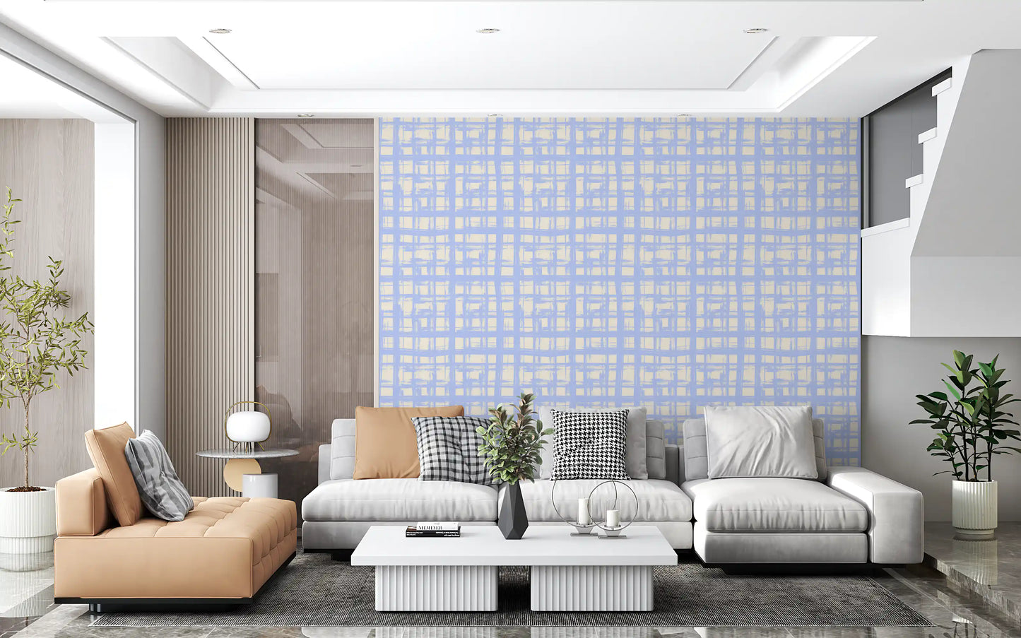 Abstract Cream and Blue Plaid Wallpaper⁠