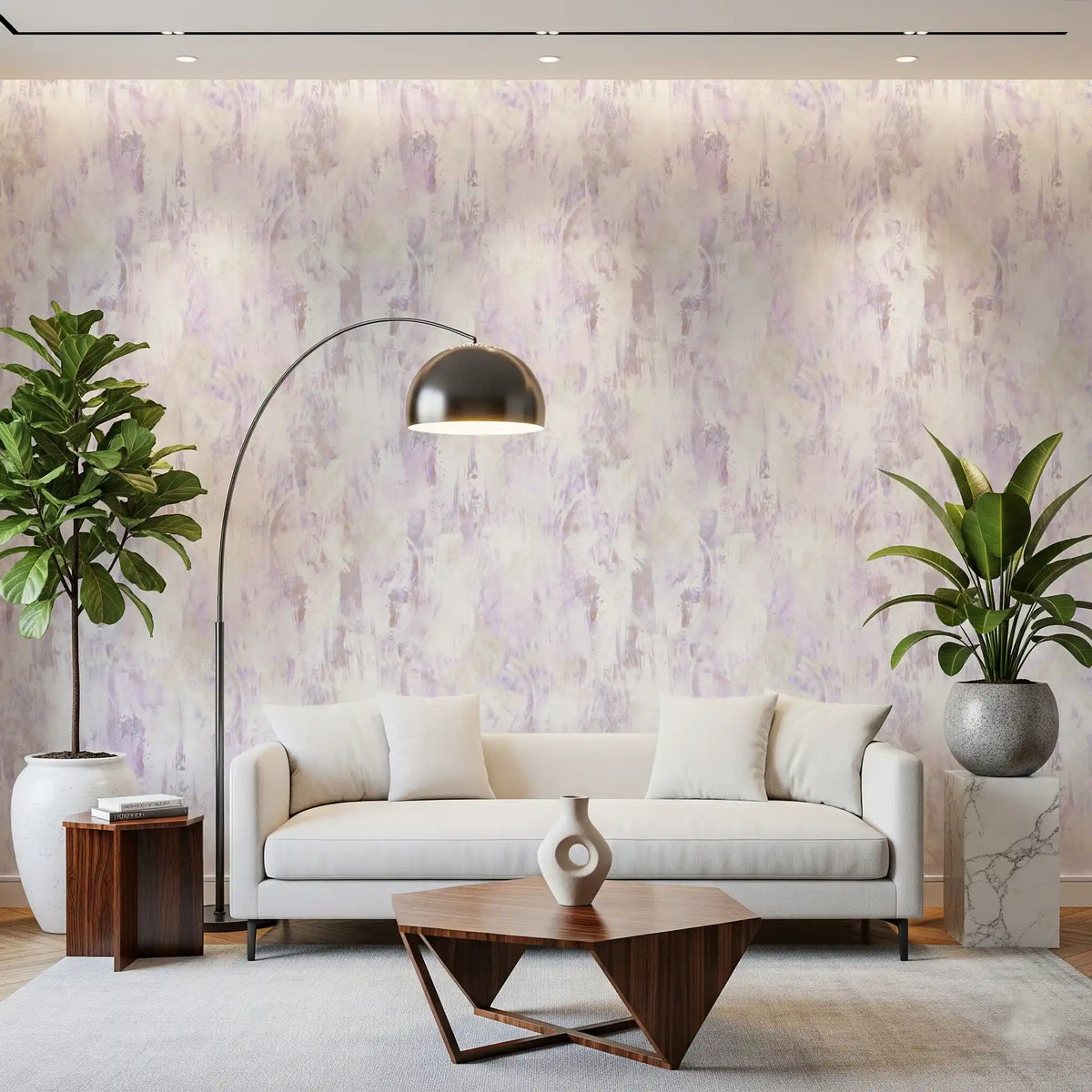 Pastel artistic wash wallpaper in a living room with a cream sofa and arc floor lamp GD12697