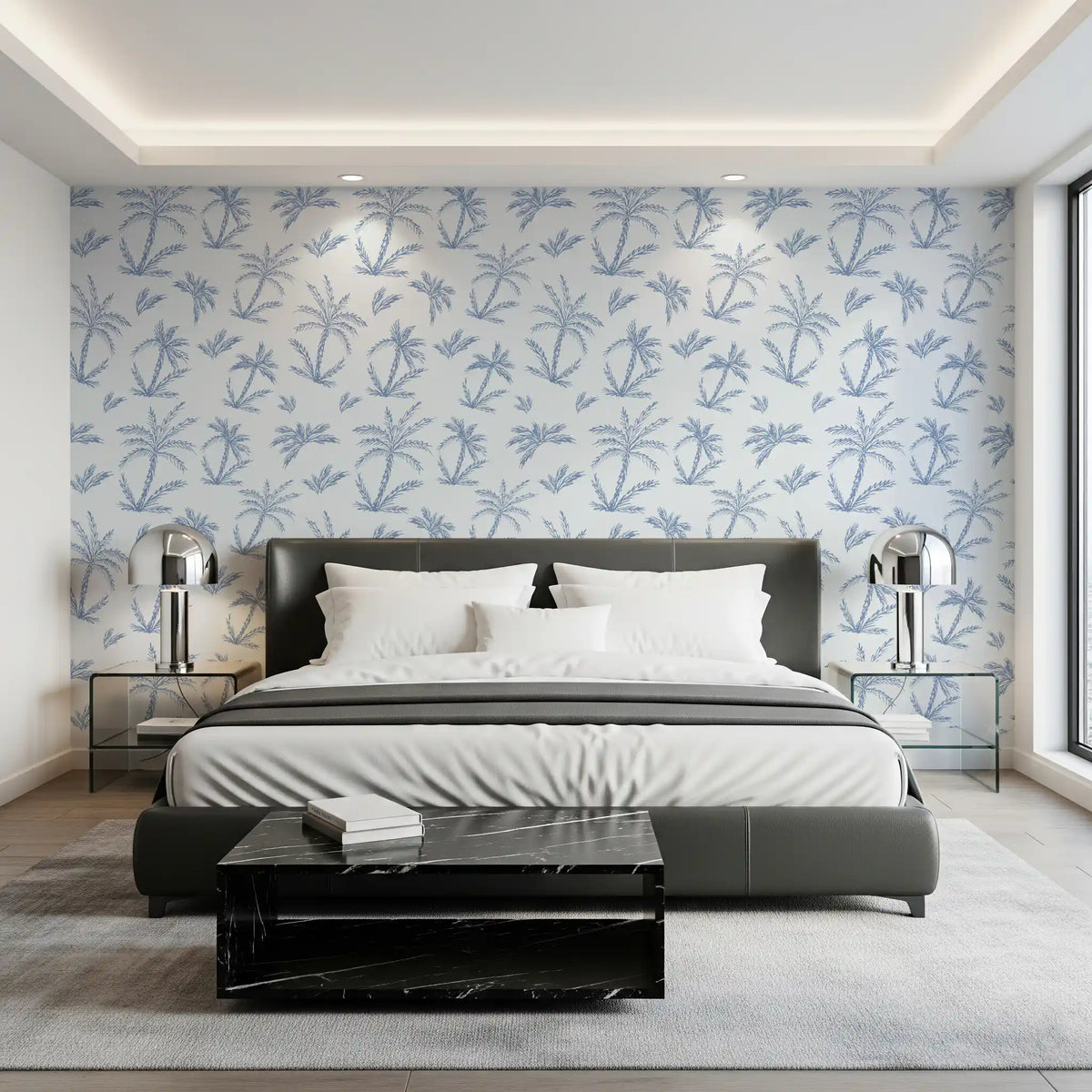 Blue palm tree wallpaper behind a black platform bed with white bedding GD12700
