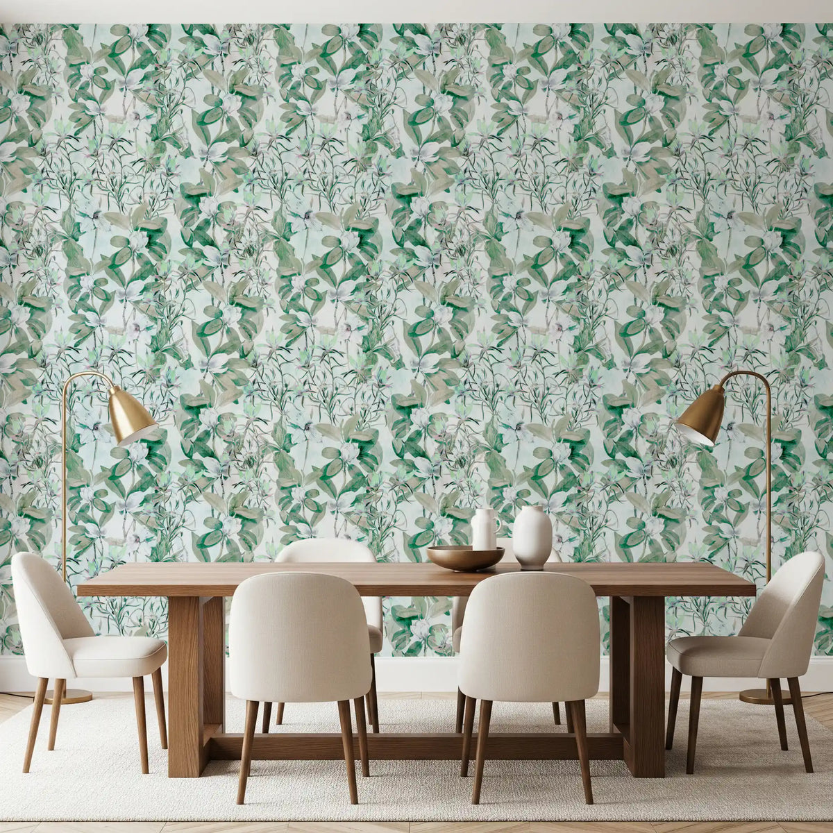 Vintage magnolia wallpaper behind a wooden dining table with cream chairs GD12701