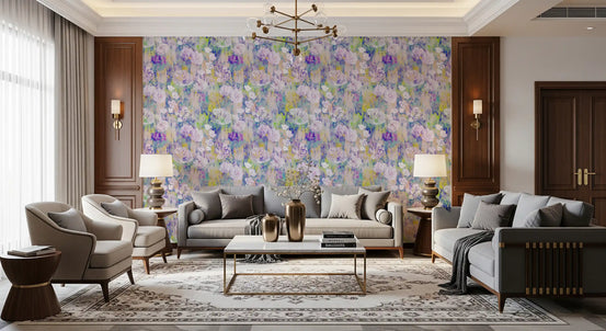 Grey sofas and ottoman under a chandelier by abstract peony bloom wallpaper GD12702