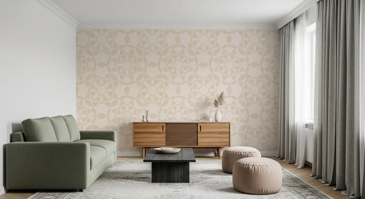 Cream geometric arcs wallpaper behind a green sofa and wooden sideboard in a bright lounge GD12706