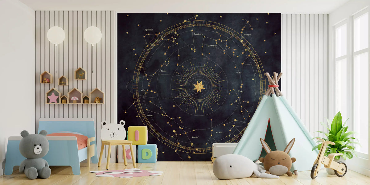 Indigo astro wheel mural in a kids playroom with teepee tent and toy blocks GD12715