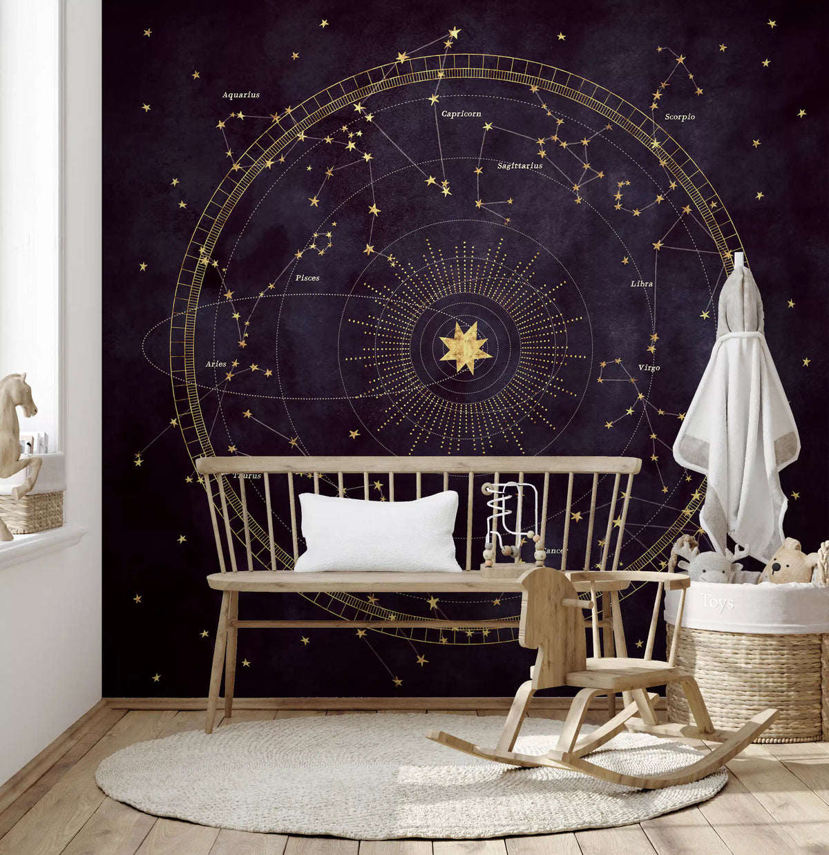 Eggplant astro wheel mural in a kids room with wooden bench bed and rocking horse GD12716