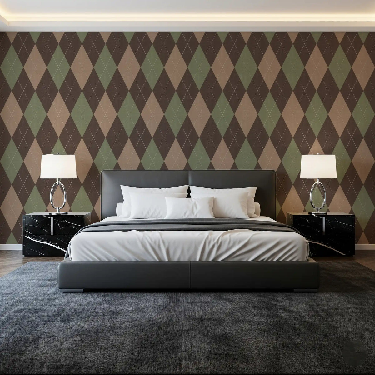Muted brown and sage argyle harlequin wallpaper behind a grey bed with black nightstands GD12717
