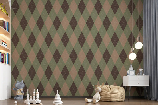 Sage green and brown argyle harlequin wallpaper in a kids room with wooden toys GD12722