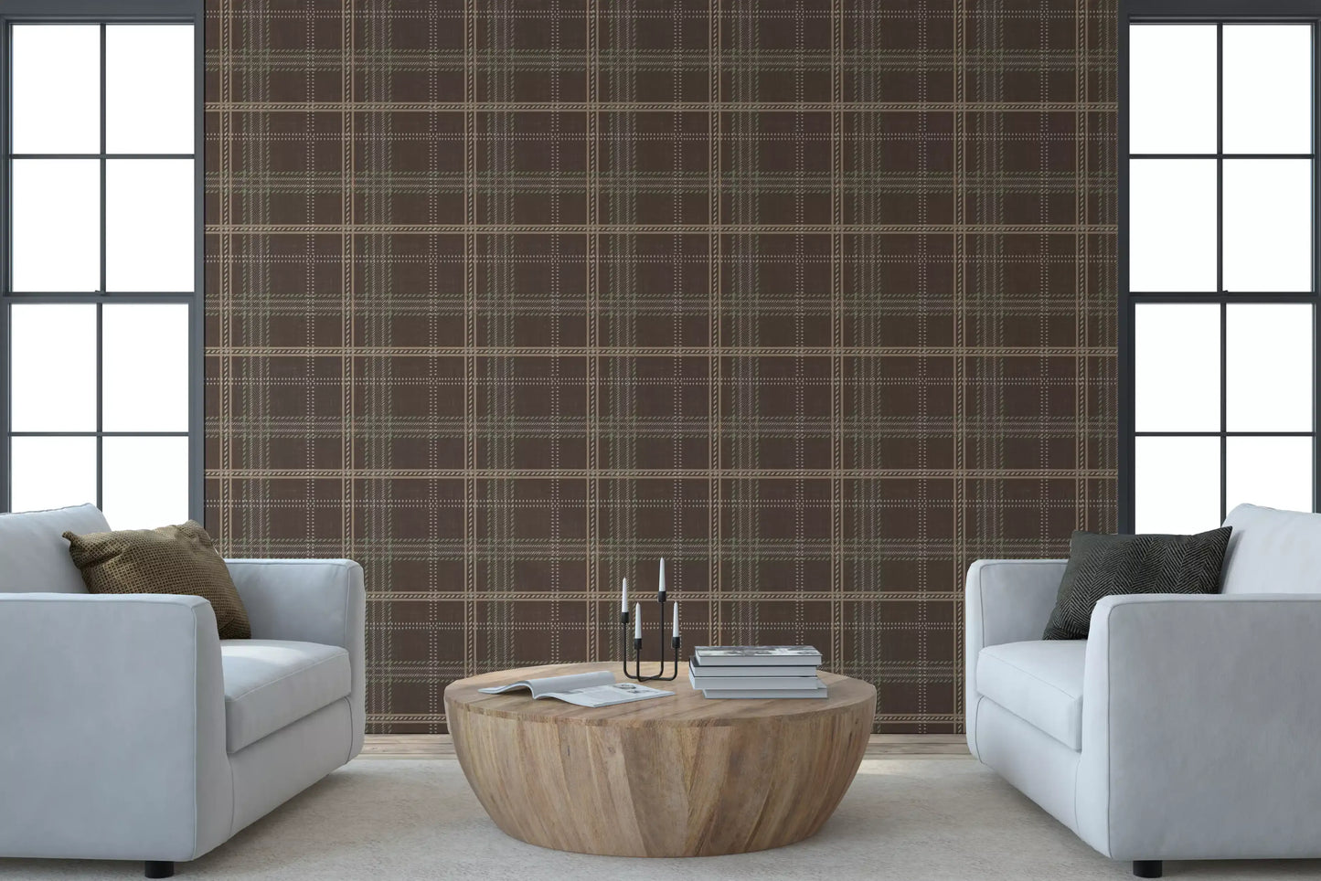 Winter Heritage - Windowpane Tartan Plaid Check - Soft Taupe Blend Wallpaper⁠