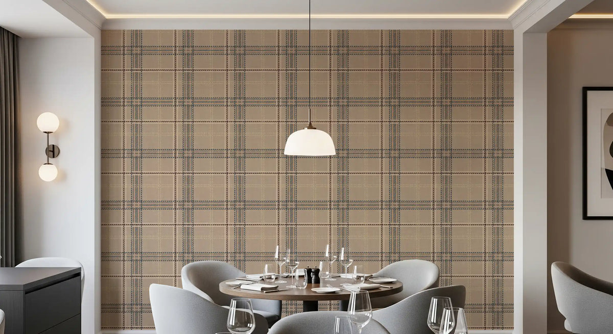 Beige tartan plaid check wallpaper in a dining nook with grey chairs and pendant GD12736