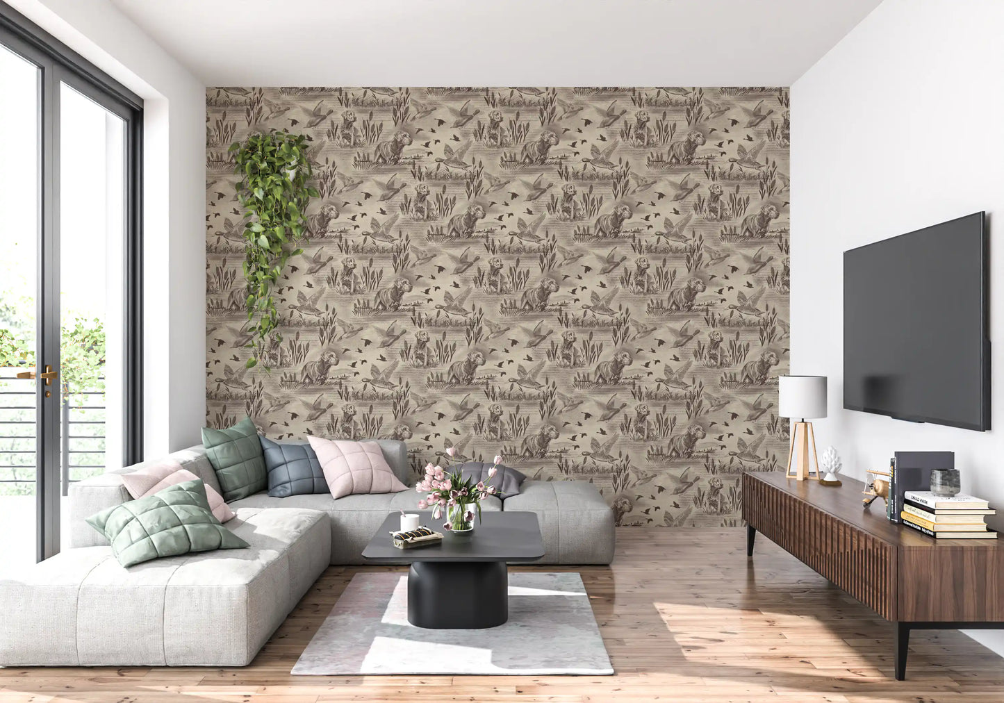 Etched Wildlife Meadow and Retriever Pattern Wallpaper⁠