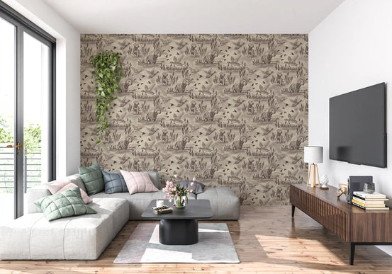 Etched Wildlife Meadow and Retriever Pattern Wallpaper⁠
