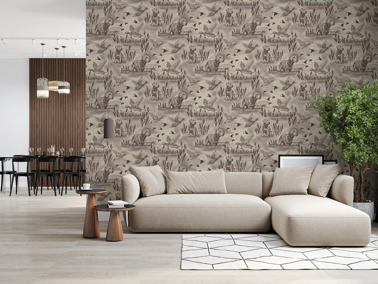 Etched Wildlife Meadow and Retriever Pattern Wallpaper⁠