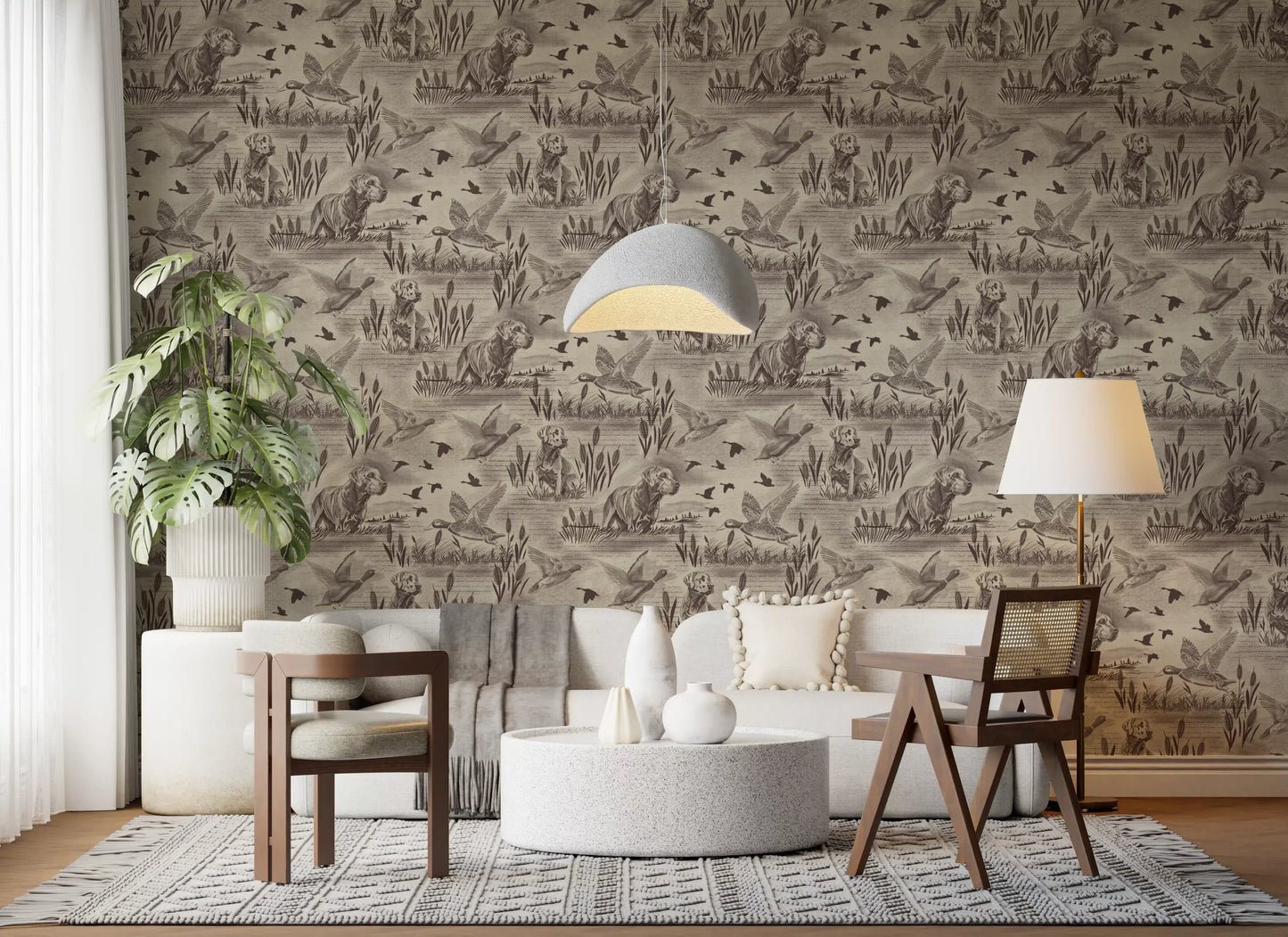 Etched Wildlife Meadow and Retriever Pattern Wallpaper⁠