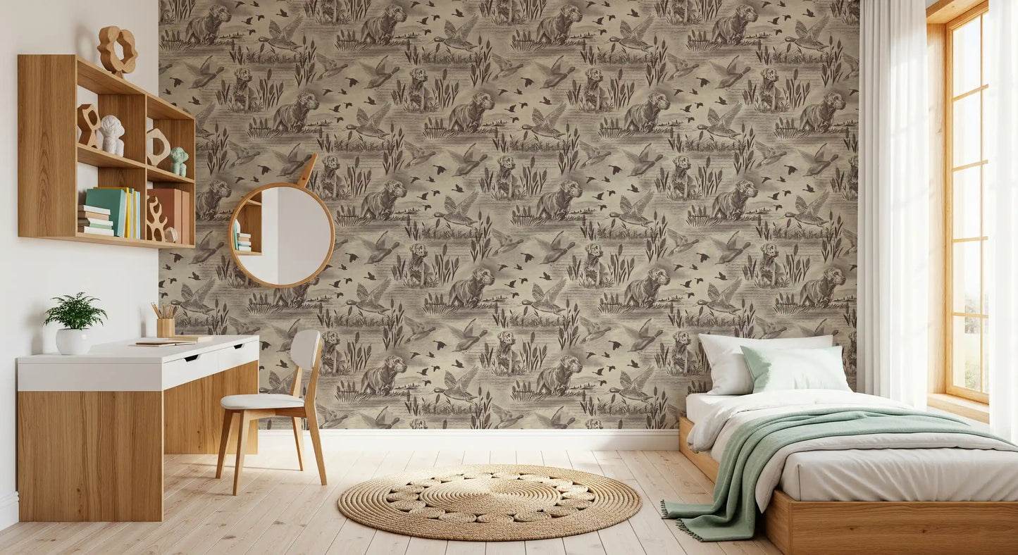 Etched Wildlife Meadow and Retriever Pattern Wallpaper⁠