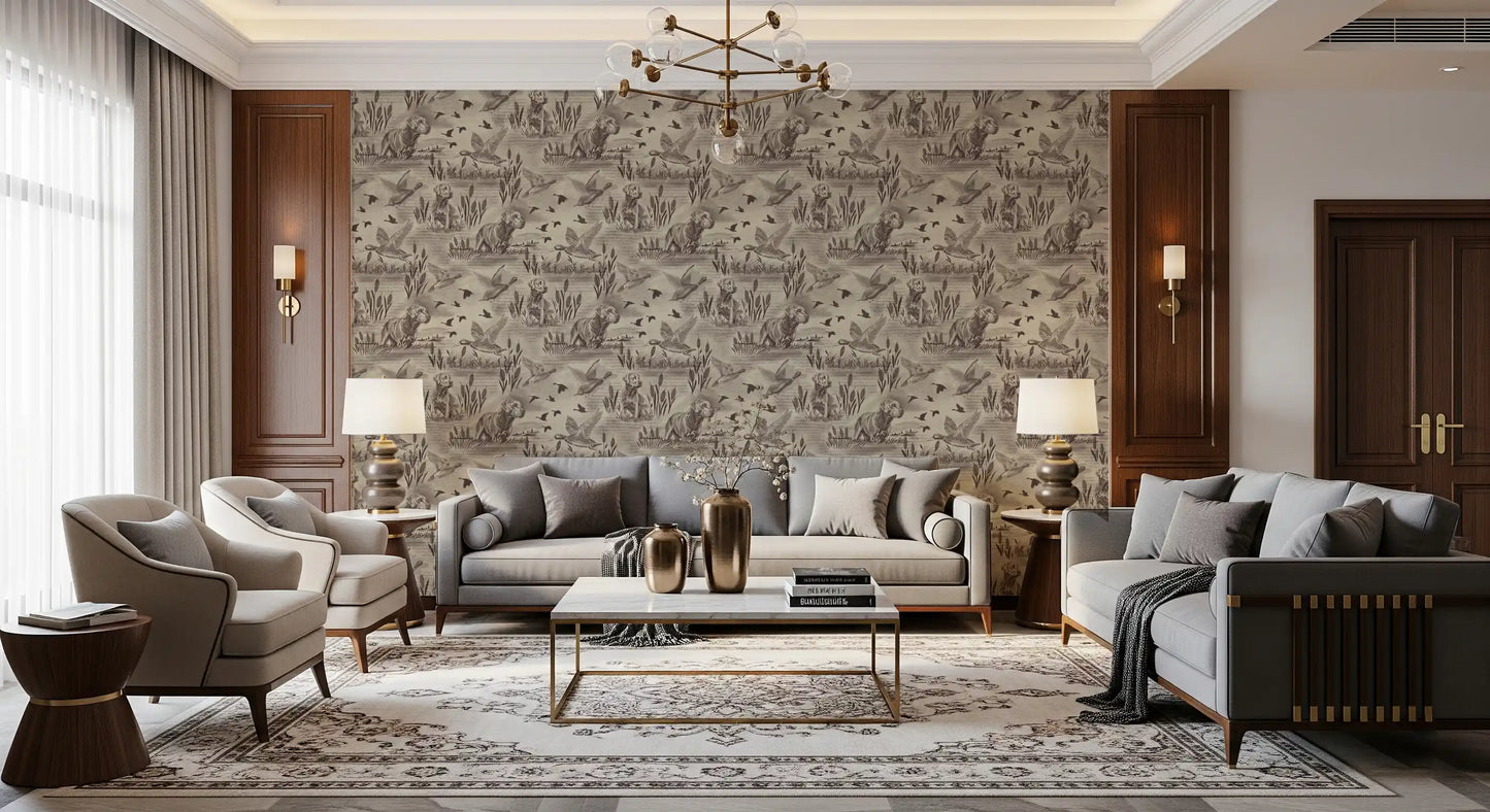 Etched Wildlife Meadow and Retriever Pattern Wallpaper⁠