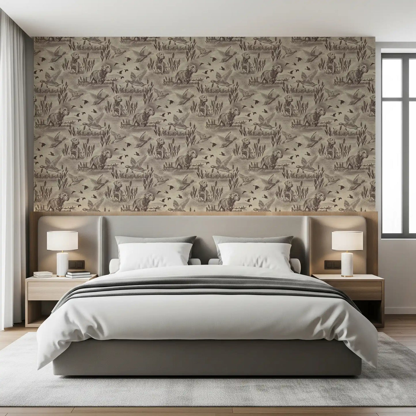 Etched Wildlife Meadow and Retriever Pattern Wallpaper⁠