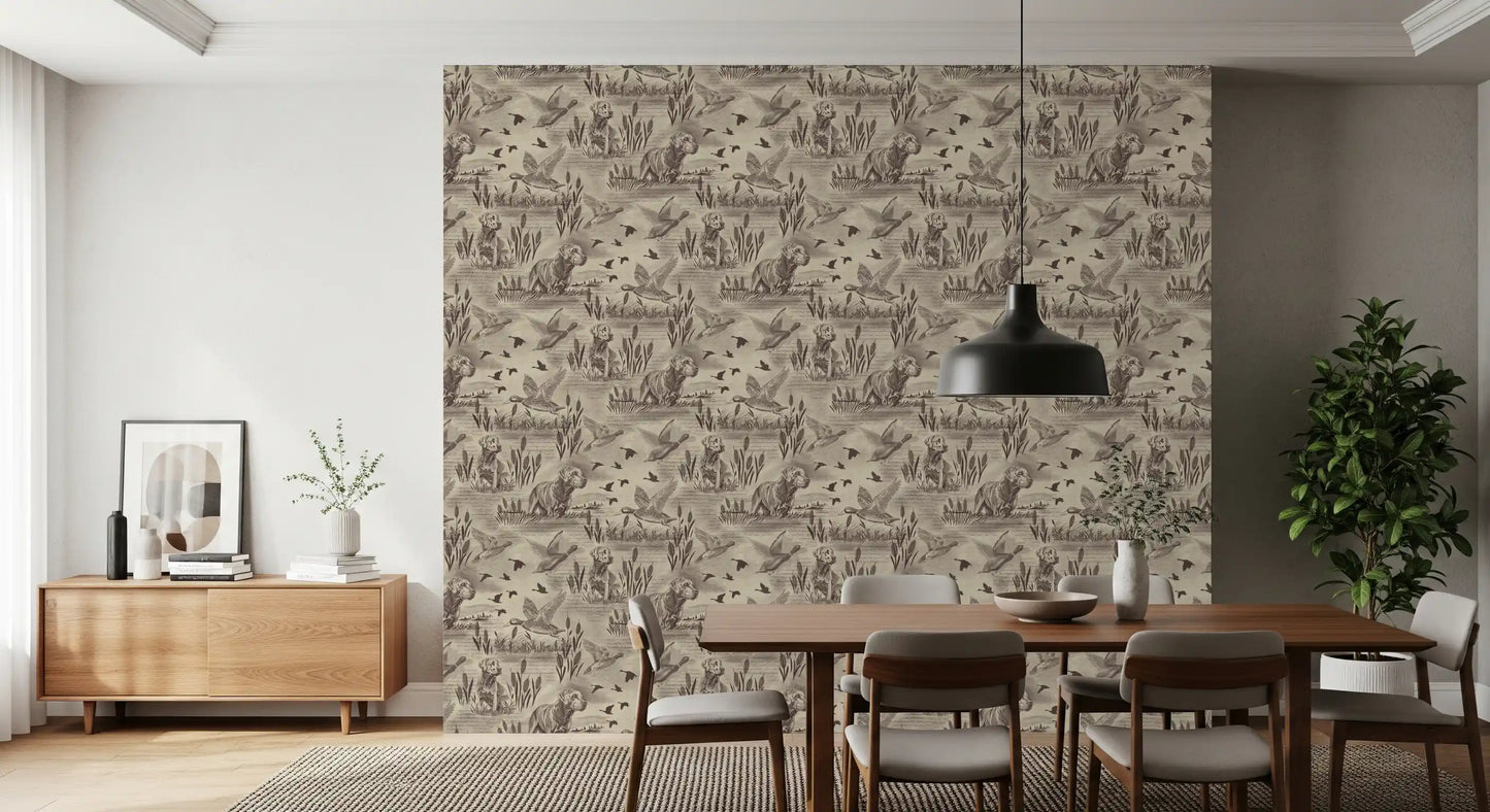 Etched Wildlife Meadow and Retriever Pattern Wallpaper⁠